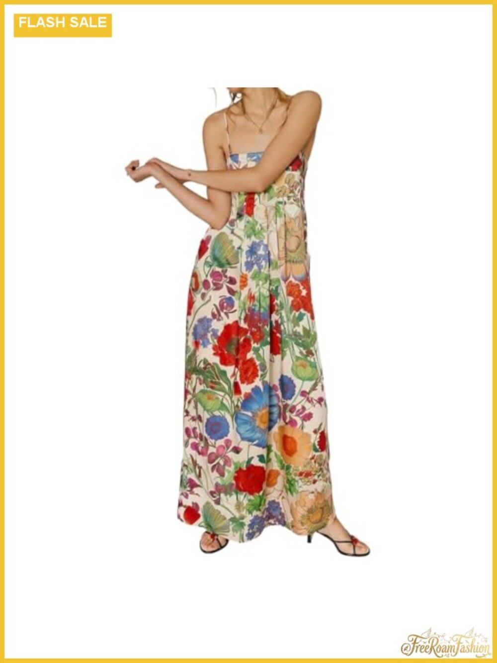 Boho Floral Maxi Dress Backless Spaghetti Strap A-Line Flowy Summer Vacation